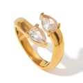 Anello aperto placcato oro 18K con due zirconi cubici a goccia con taglio a pera - Taglia 7 / Stile Aperto in Zirconia a Goccia / Oro