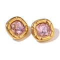 Vintage 18K gold plated square earrings with pink zircon and textured radiant design - Stud Earrings / Gold-Pink Rhinestone