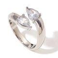 Anello aperto in argento con due zirconi a goccia e placcatura in oro bianco 18 carati - Taglia 7 / Stile Aperto in Zirconia a Goccia / Colore acciaio