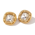 Square gold-plated stud earrings with cushion-cut clear zircon and vintage metal frame - Stud Earrings / Gold-White Rhinestone