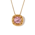 Vintage 18K gold plated necklace with a large square pink zircon stone and snake chain - Necklace / Gold-Pink Rhinestone