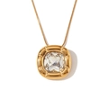 Minimalist 18K gold plated necklace with large square zircon pendant on snake chain - Necklace / Gold-White Rhinestone