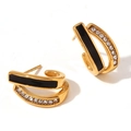 Schicke 18K vergoldete C-Ohrringe mit schwarzem Emaille-Inlay und weißen Kristallen - Emaille Strass Crossover U-Form Creolen - Gold Schwarz