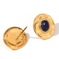Retro Ohrringe mit 18K Goldbeschichtung, Hammerschlag-Optik und blauem Naturstein - Ovale Faux Lapis Lazuli Stein Ohrstecker - Gold