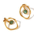 Retro 18K vergoldete unregelmäßige Hohlcreolen mit grünen Edelsteinanhängern - Geometrische hohle Ring Katzenauge Ohrstecker - Gold Grün