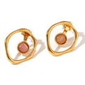 Minimalistische vergoldete geometrische Ohrringe mit rosa Katzenauge-Stein-Inlay - Geometrische hohle Ring Katzenauge Ohrstecker - Gold Rosa