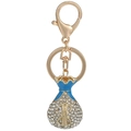 Close-up of golden money bag keychain with blue enamel and sparkling crystal pavé finish - Money Bag