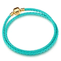 Double-wrap turquoise braided leather bracelet with a polished gold barrel clasp - Lake Blue Braided Style (Style 08)