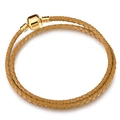 Double-wrap braided brown leather bracelet with a cylindrical gold metallic clasp - Camel Braided Style (Style 010)