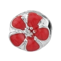 Silver bead charm featuring a vibrant red enamel five-petal flower for DIY jewelry - Red Enamel Five-Petal Disc Charm (021)
