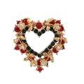Broche de Navidad de corazón dorado con pedrería roja y verde y motivos florales de lujo - Estilo Broche de Corazón Floral (027)