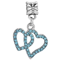 Luxury silver metal double heart charm with light blue rhinestones for DIY jewelry - Intertwined Double Heart Style (011)