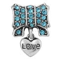 Blue heart pendant charm with crystal bow and Love engraving in vintage silver - Bow Heart Engraved Style (005)