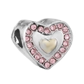 Abalorio en forma de corazón rosa con metal plateado y brillantes cristales de circonita - Estilo Doble Corazón Rosa (032)