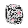 Abalorio vintage de plata con gemas rosas talladas y motivos florales en relieve para joyas - Cilindro Floral Grabado (026)