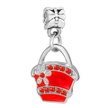 Silver bead charm in red handbag shape with flowers and crystals for bracelets - Red Handbag Flower Pendant (008)