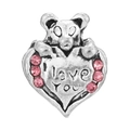 Silver teddy bear charm holding a heart with I Love You text and pink crystals - Teddy Bear Holding Heart Style (005)
