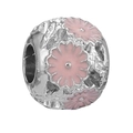 Silver charm bead with pink enamel daisy flowers and openwork pattern for bracelets - Pink Daisy Hollow Bead (1)