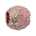 Rose gold hollow charm bead with pink enamel flowers and sparkling crystal zircons - Hollow Pink Enamel Flower Ball Charm (001)