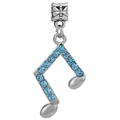 Silver musical note charm with light blue crystals and embossed bail for bracelets - Blue Rhinestone Note Style (009)