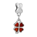 Silver four-leaf clover charm with red heart-shaped enamel petals for DIY bracelets - Red Clover Heart Pendant (011)