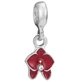 Red enamel flower charm with silver metal bail and sparkling center crystal bead - Orchid Zirconia Red Pendant (013)