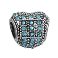 Blue rhinestone heart charm in silver alloy finish for DIY beaded bracelets - Light Blue Pave Vintage Heart Bead (013)