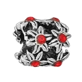 Silver alloy floral charm bead with red crystal accents for DIY bracelets - Relief Floral Charm
