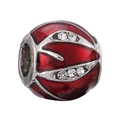 Silver bead with red enamel floral pattern and sparkling clear cubic zirconia - Spherical Red Enamel Zirconia Charm (025)