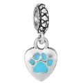 S925 silver heart charm with blue paw print enamel and sparkling pavé details - Blue Paw Print Heart Style (026)