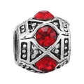 DIY charm bead in antique silver alloy featuring faceted red crystal pavé accents - Geometric Carved Spherical Bead