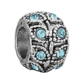 Silver cylinder charm bead with light blue crystals and intricate hollowed pattern - Light Blue Gem Hollow Barrel Bead (021)