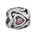 Hollow heart-shaped silver charm bead with sparkling pink cubic zirconia stones - Hollow Heart Vintage Style (022)