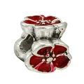 Silver bead charm with red enamel flower design for DIY bracelets and jewelry - Retro Red Flower Round Hole Charm (032)