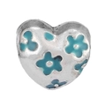 Silver heart charm with blue enamel flower patterns and sparkling crystal accents - Heart Blue Flower Style (033)