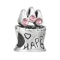 Abalorio de plata pulida con tres gemas rosas y grabado Happy para pulseras - Estilo Letras Happy (019)