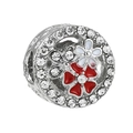 Silver bead charm with white rhinestones and red enamel flowers for DIY bracelets - Two-Tone Enamel Floral Disc Charm (034)