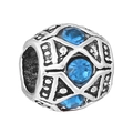 Silver charm bead with blue crystals and geometric镂空 details for DIY bracelets - Three Blue Sapphire Oxidized Bead (029)