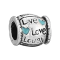 Silver bead charm with Live Love Laugh engraving and cyan enamel hearts for bracelets - Handwritten Barrel Bead Style (036)