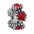 Vintage silver alloy charm bead featuring three round red crystals and gear textures - Vintage Three Stone Charm