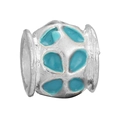 Silver bead charm with turquoise petal inlays for DIY jewelry making - Blue Petal Barrel Style (037)