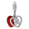 Silver heart charm pendant with red enamel, Xi character, and sparkling cubic zirconia stones - Red Enamel Double Happiness Heart Charm (037)