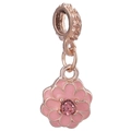 Rose gold flower charm with pink enamel petals and sparkling center crystal stone - Rose Gold Pink Flower Hanging Ring Charm (025)