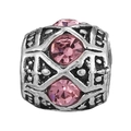 Vintage silver alloy charm bead with pink crystals and hollow geometric patterns - Dotted Relief Cylindrical Style (031)