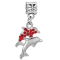 Ciondolo delfino in argento con cristalli rossi per bracciali e collane DIY - Pendaglio Doppio Delfino Strass (034)