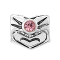 Vintage silver bead charm with a centered pink zircon stone and engraved textures - Radiating Line Shield Style (033)