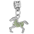 Silver horse charm with light green zircon stones and bow-engraved wide-hole bail - Standard Spec / Green Crystal Horse (018)