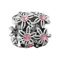 Silver flower charm with pink crystal center and intricate hollow carvings for bracelets - Hollow Floral Cylinder Style (035)