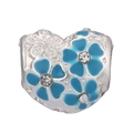 Silver heart charm bead with blue enamel flowers and sparkling crystals for DIY bracelets - Heart Enamel Flower Style (042)