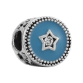 Round silver charm bead with blue enamel, star motif and zircon for DIY bracelets - Blue Star Rhinestone Style (043)